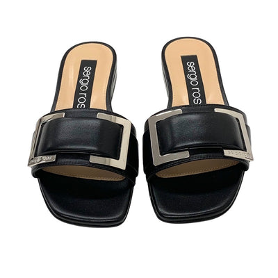 Sergio Rossi Sandals Shoes Leather Black Silver Flat Sandals Mules Buckle SR1