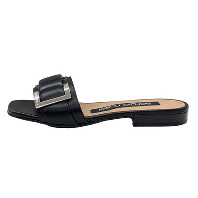 Sergio Rossi Sandals Shoes Leather Black Silver Flat Sandals Mules Buckle SR1