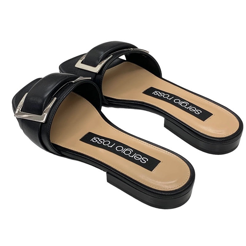 Sergio Rossi Sandals Shoes Leather Black Silver Flat Sandals Mules Buckle SR1