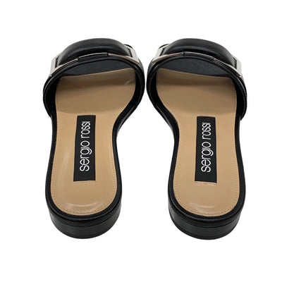 Sergio Rossi Sandals Shoes Leather Black Silver Flat Sandals Mules Buckle SR1