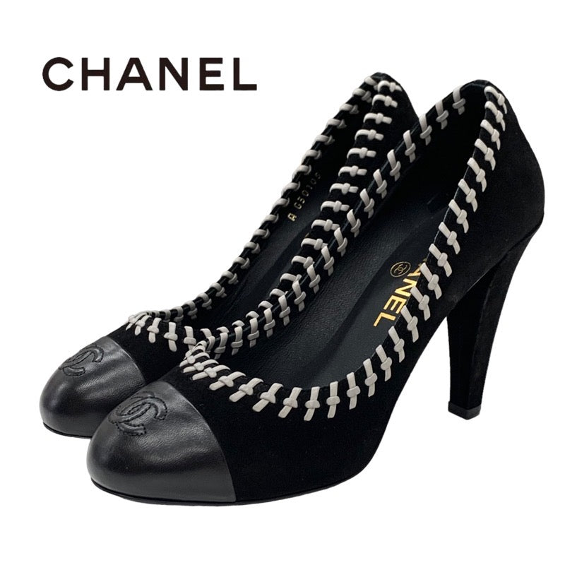 Chanel CHANEL Pumps Shoes Suede Leather Black Gray Unused Coco Mark Stitch