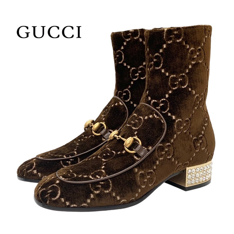 未使用 グッチ GUCCI ブーツ ショートブーツ 靴 シューズ GG ホースビット ビジュー ベロア ブラウン ゴールド