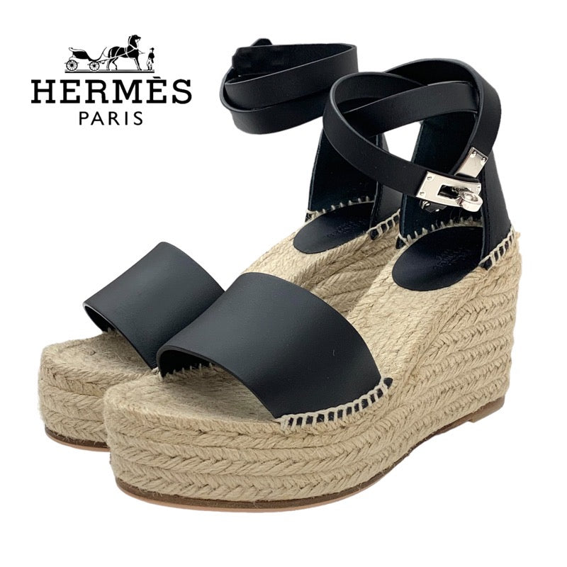 Hermes Tivoli Sandals Shoes Leather Black Silver Unused Espadrille Wedge Sole Kelly Metal Fittings