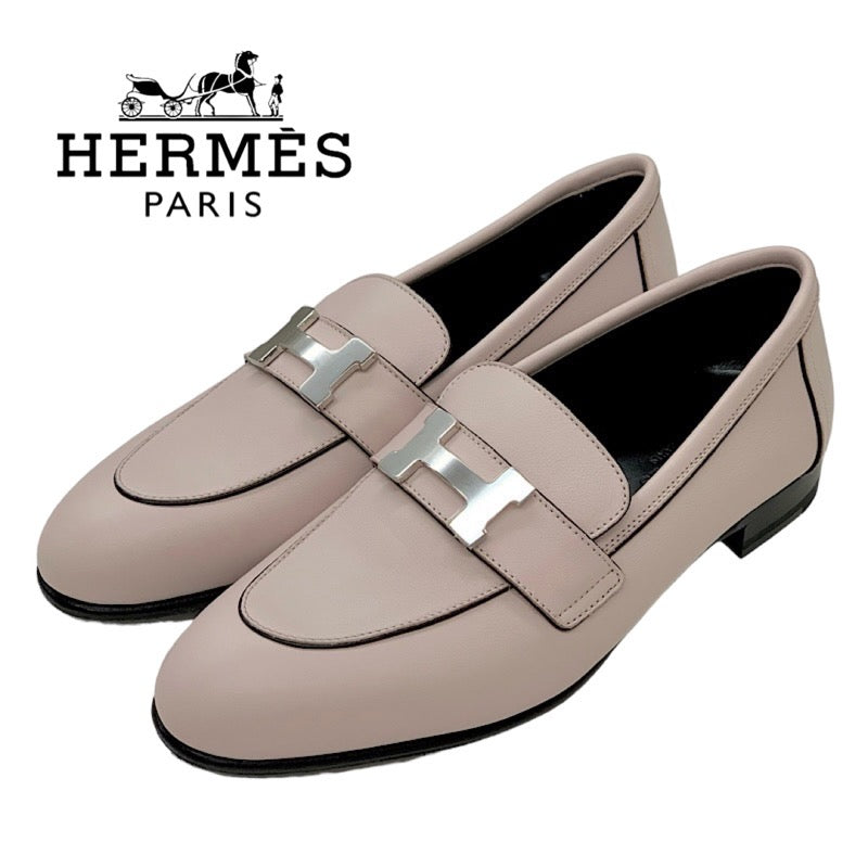 エルメス HERMES モカシン パリ ローファー フラットシューズ レザー ピンク シルバー 未使用 H金具