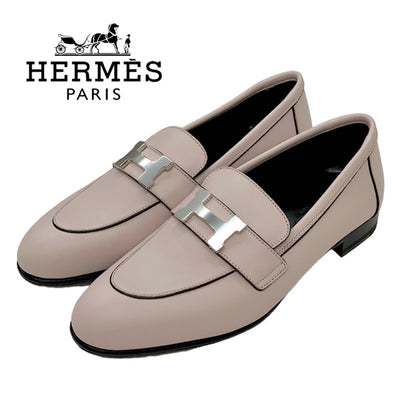 エルメス HERMES モカシン パリ ローファー フラットシューズ レザー ピンク シルバー 未使用  H金具