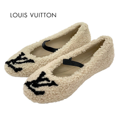 ルイヴィトン LOUIS VUITTON ポピライン フラットシューズ バレエシューズ 靴 シューズ LVロゴ ムートン ベージュ