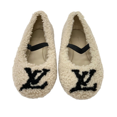 ルイヴィトン LOUIS VUITTON ポピライン フラットシューズ バレエシューズ 靴 シューズ LVロゴ ムートン ベージュ