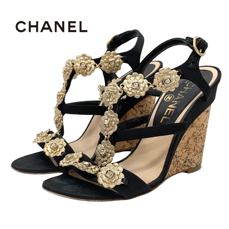 Chanel Sandals Shoes Fabric Cork Black Gold Camellia Coco Mark Stone Wedge Sole