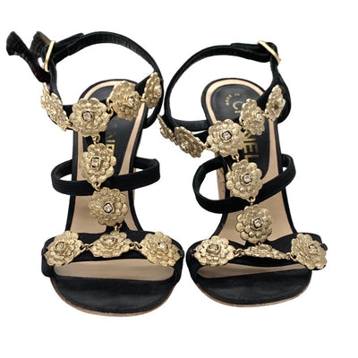 Chanel Sandals Shoes Fabric Cork Black Gold Camellia Coco Mark Stone Wedge Sole