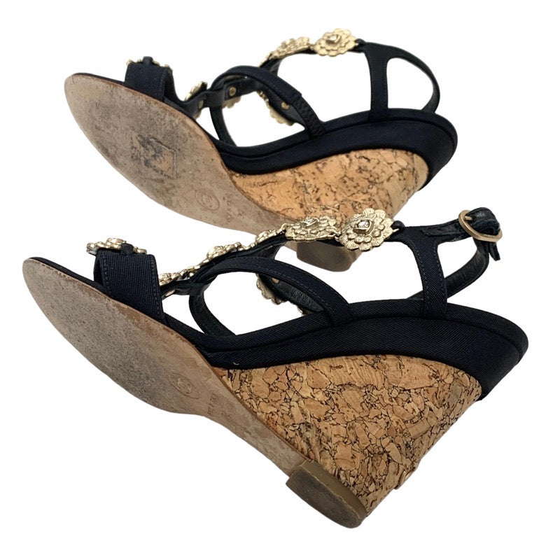 Chanel Sandals Shoes Fabric Cork Black Gold Camellia Coco Mark Stone Wedge Sole