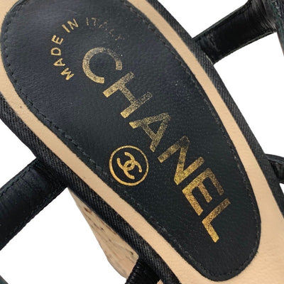 Chanel Sandals Shoes Fabric Cork Black Gold Camellia Coco Mark Stone Wedge Sole