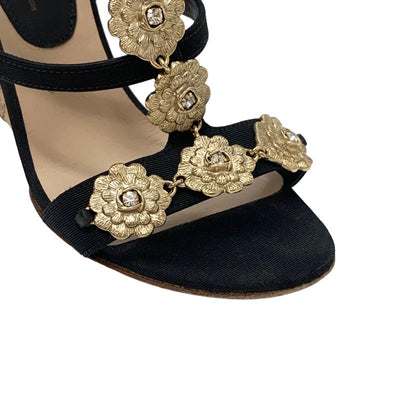 Chanel Sandals Shoes Fabric Cork Black Gold Camellia Coco Mark Stone Wedge Sole