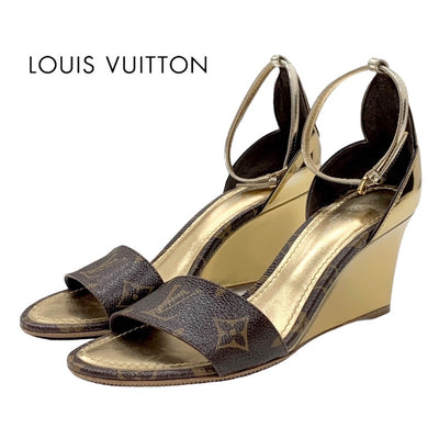 LOUIS VUITTON Monogram Sandals Shoes Leather Brown Gold Wedge Sole Ankle Strap