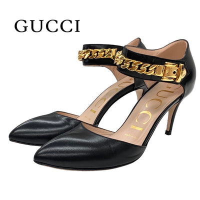 Gucci Pumps Shoes Leather Black Gold Chain Ankle Strap