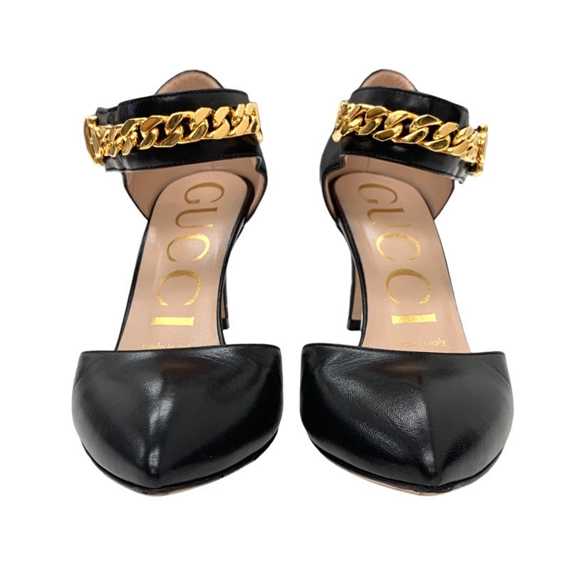 Gucci Pumps Shoes Leather Black Gold Chain Ankle Strap