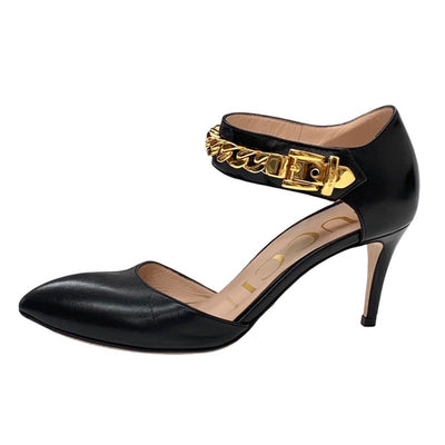 Gucci Pumps Shoes Leather Black Gold Chain Ankle Strap