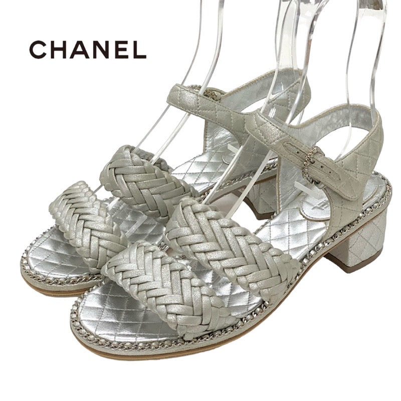 Chanel Sandals, Shoes, Leather, Silver, Coco Mark Matelasse, Braided Chain