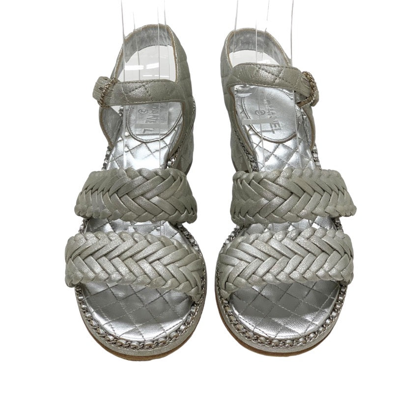 Chanel Sandals, Shoes, Leather, Silver, Coco Mark Matelasse, Braided Chain