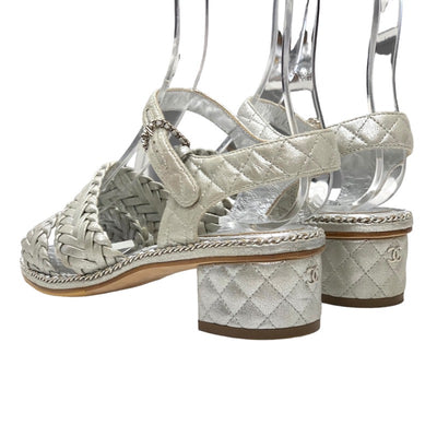 Chanel Sandals, Shoes, Leather, Silver, Coco Mark Matelasse, Braided Chain