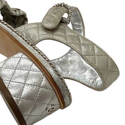 Chanel Sandals, Shoes, Leather, Silver, Coco Mark Matelasse, Braided Chain