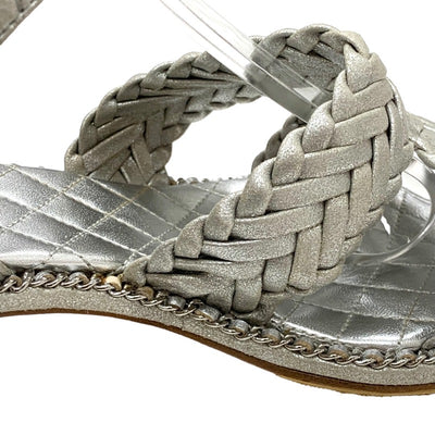 Chanel Sandals, Shoes, Leather, Silver, Coco Mark Matelasse, Braided Chain