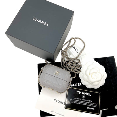 シャネル CHANEL airpodsケース チャーム ケース ラムスキン ココマーク マトラッセ チェーン グレー