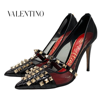 ヴァレンティノ VALENTINO パンプス 靴 シューズ ロックスタッズ メッシュ パテント ブラック ゴールド