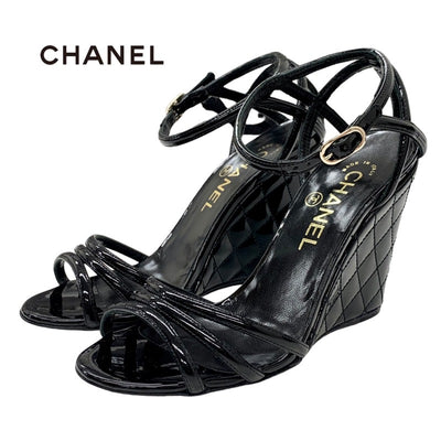 Chanel CHANEL Sandals Shoes Patent Black Unused Coco Mark Matelasse Wedge Sole