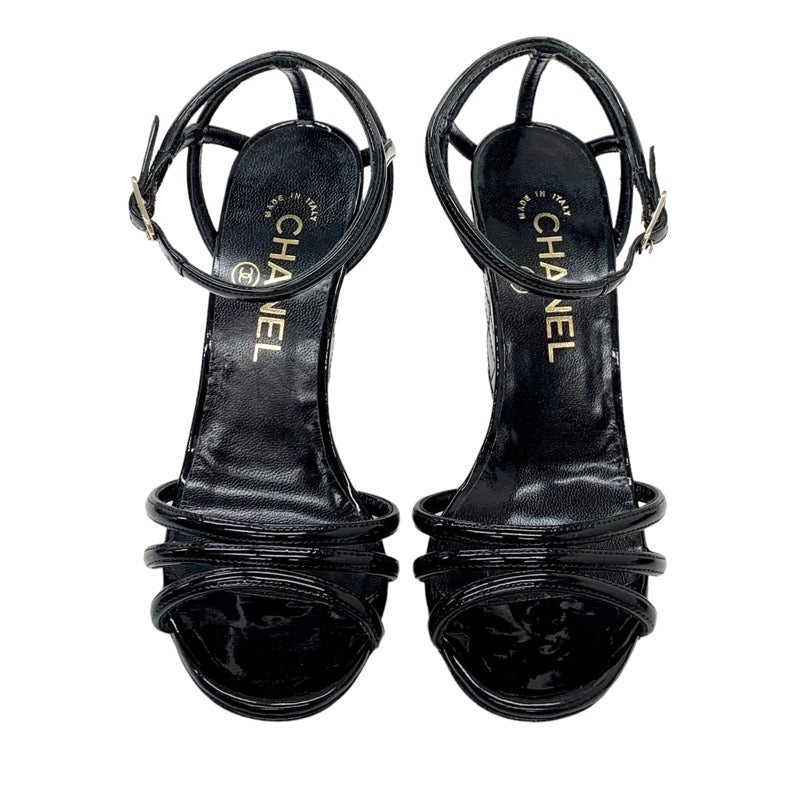 Chanel CHANEL Sandals Shoes Patent Black Unused Coco Mark Matelasse Wedge Sole