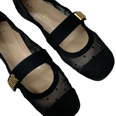 クリスチャンディオール CHRISTIAN DIOR BABY-D フラットシューズ 靴 シューズ メッシュ ファブリック ブラック 黒 ゴールド ロゴ ドット