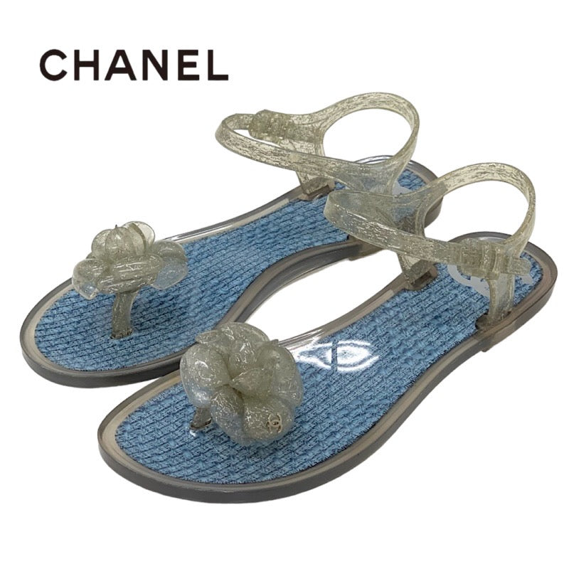 Chanel CHANEL Sandals Shoes Rubber Clear Blue Flat Sandals Camellia Coco Mark