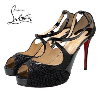 Christian Louboutin Sandals Shoes, Patent Black Glitter Cross Strap Party Shoes