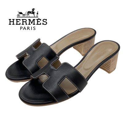 Hermes Oazis Sandals Shoes Leather Black Mules