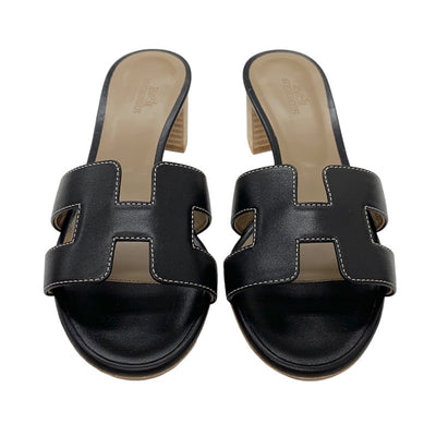 Hermes Oazis Sandals Shoes Leather Black Mules