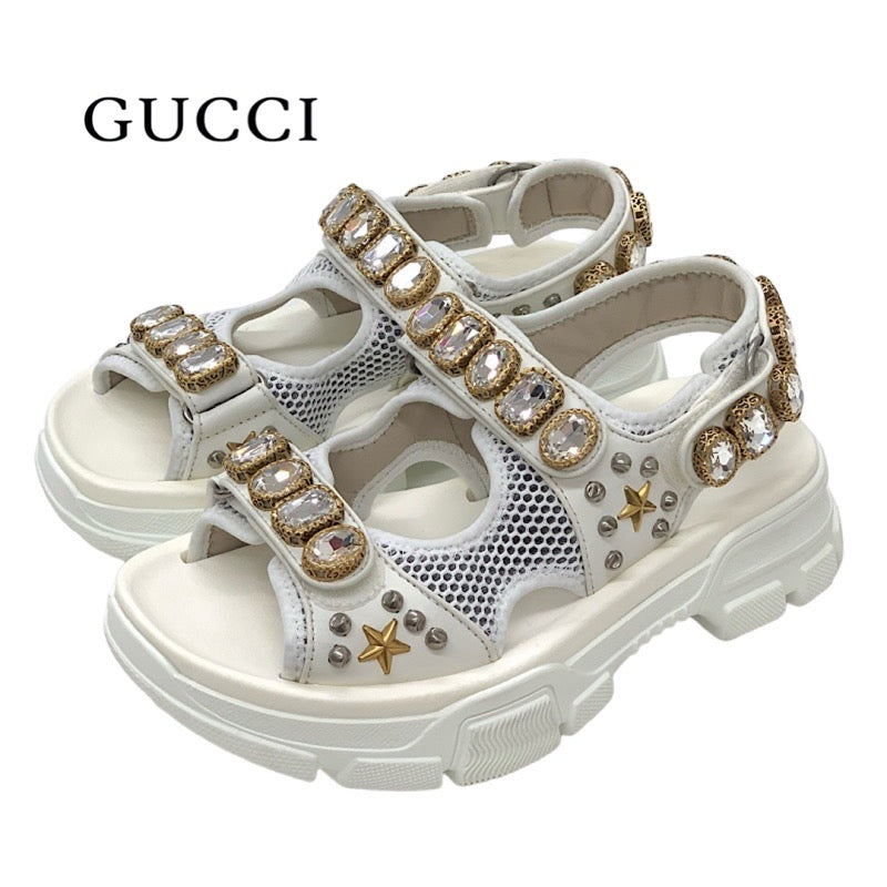 Gucci Sandals, Shoes, Mesh Leather, White, Gold, Silver, Unused Sports Sandals, Flat Sandals, Bijou Studs