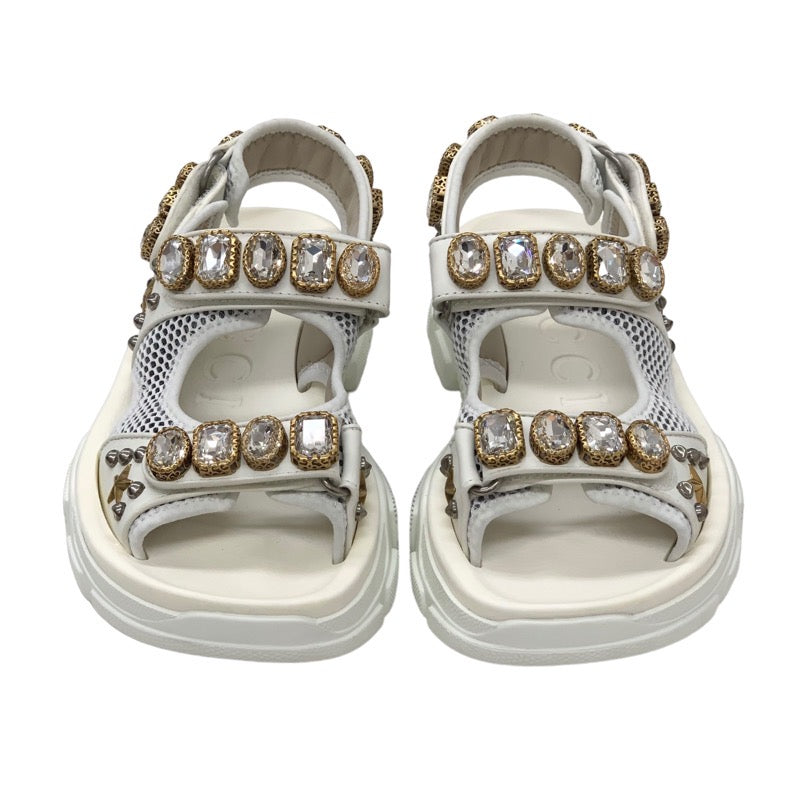 Gucci Sandals, Shoes, Mesh Leather, White, Gold, Silver, Unused Sports Sandals, Flat Sandals, Bijou Studs