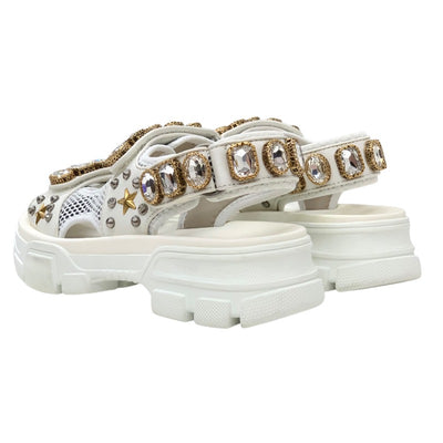 Gucci Sandals, Shoes, Mesh Leather, White, Gold, Silver, Unused Sports Sandals, Flat Sandals, Bijou Studs