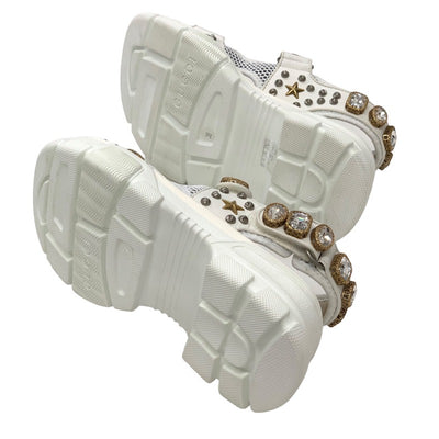 Gucci Sandals, Shoes, Mesh Leather, White, Gold, Silver, Unused Sports Sandals, Flat Sandals, Bijou Studs