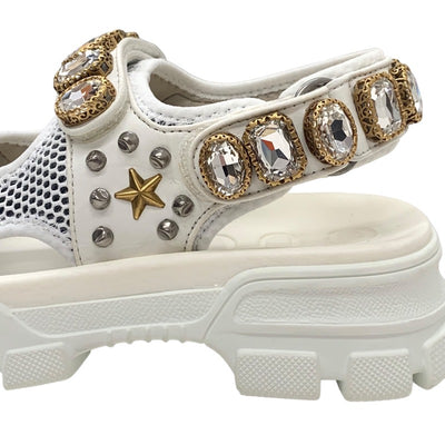 Gucci Sandals, Shoes, Mesh Leather, White, Gold, Silver, Unused Sports Sandals, Flat Sandals, Bijou Studs