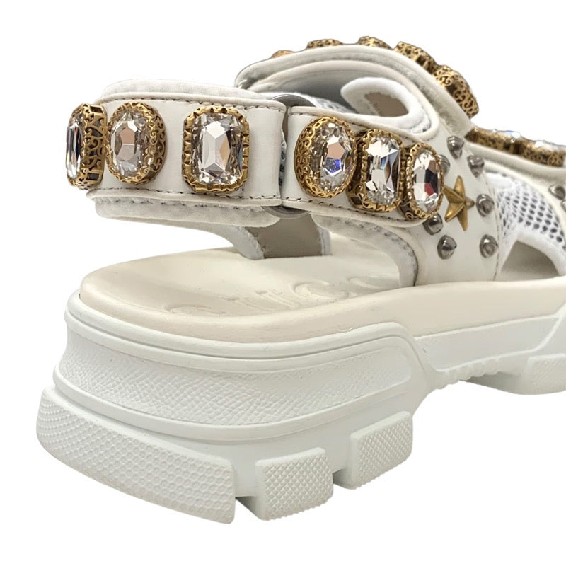 Gucci Sandals, Shoes, Mesh Leather, White, Gold, Silver, Unused Sports Sandals, Flat Sandals, Bijou Studs