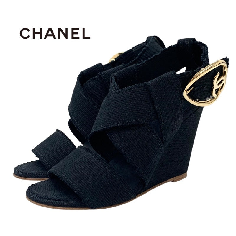 Chanel Sandals Shoes Canvas Black Gold Coco Mark Wedge Sole