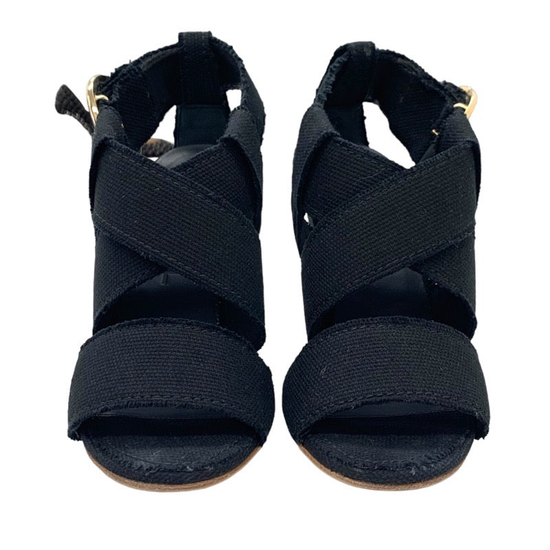 Chanel Sandals Shoes Canvas Black Gold Coco Mark Wedge Sole