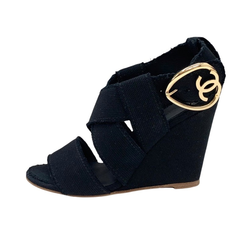 Chanel Sandals Shoes Canvas Black Gold Coco Mark Wedge Sole