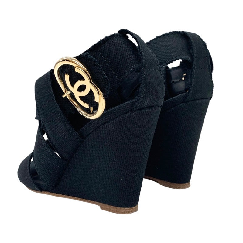 Chanel Sandals Shoes Canvas Black Gold Coco Mark Wedge Sole