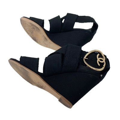 Chanel Sandals Shoes Canvas Black Gold Coco Mark Wedge Sole