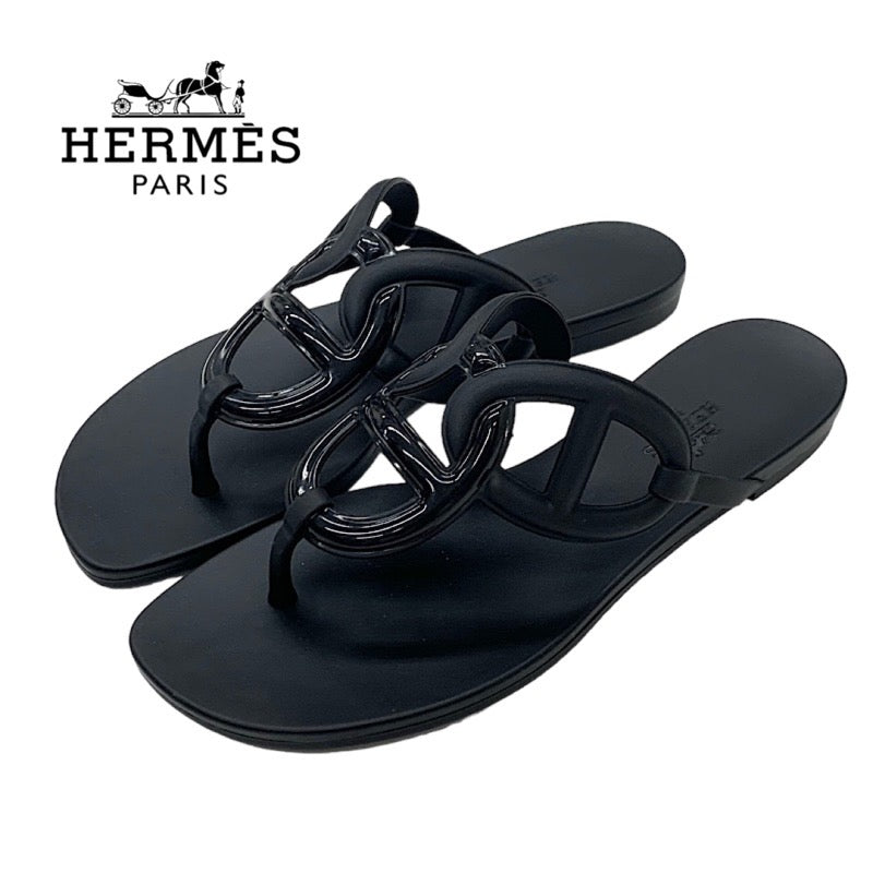 Hermes Egeri Sandals Shoes Rubber Black Unused Tong Sandals Flat Sandals