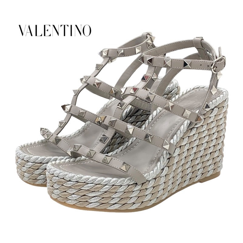 Valentino Sandals, Shoes, Leather, Grey, Silver, Rock Studs, Wedge Sole