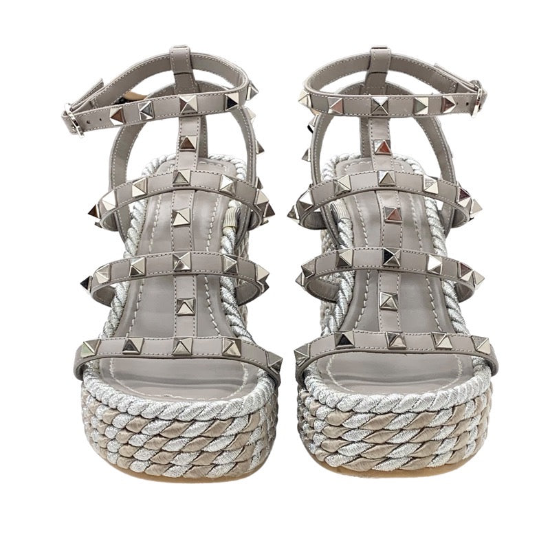 Valentino Sandals, Shoes, Leather, Grey, Silver, Rock Studs, Wedge Sole