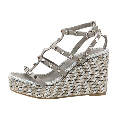 Valentino Sandals, Shoes, Leather, Grey, Silver, Rock Studs, Wedge Sole