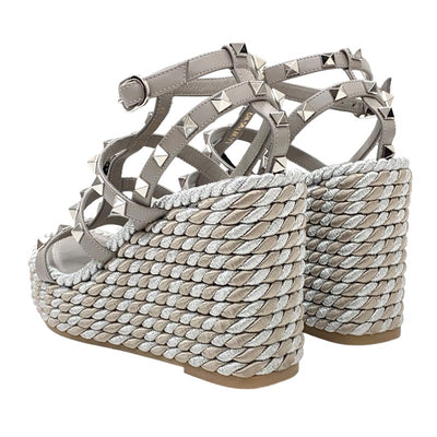 Valentino Sandals, Shoes, Leather, Grey, Silver, Rock Studs, Wedge Sole